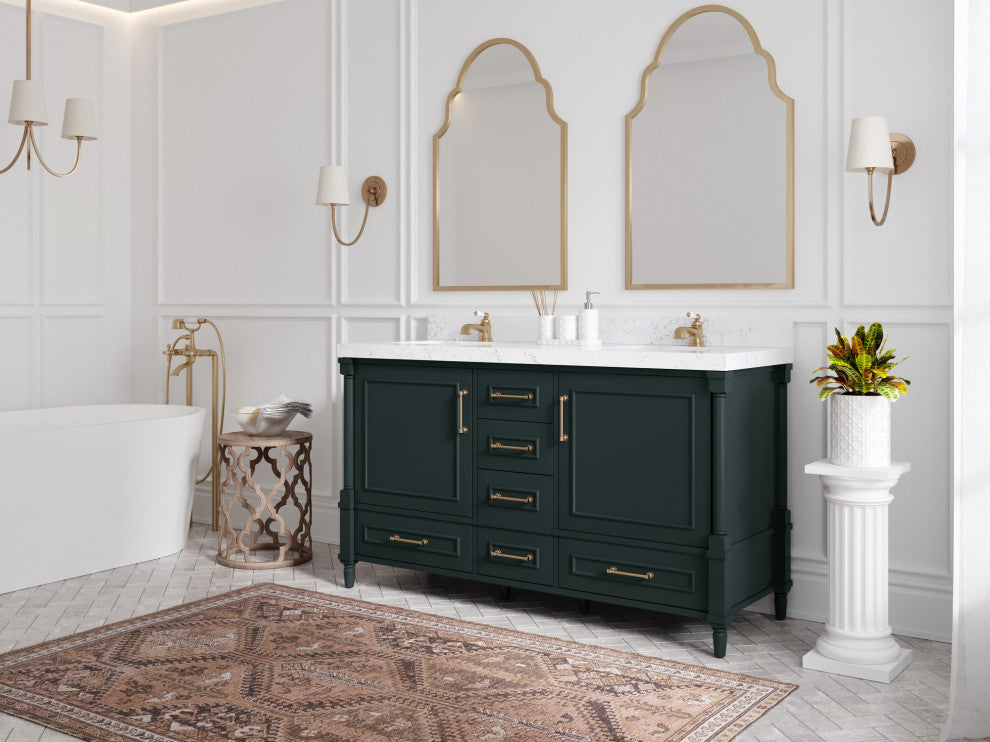 Aberdeen 60 Double Bathroom Vanity in Dark Forest Green 2" Carrara Marble