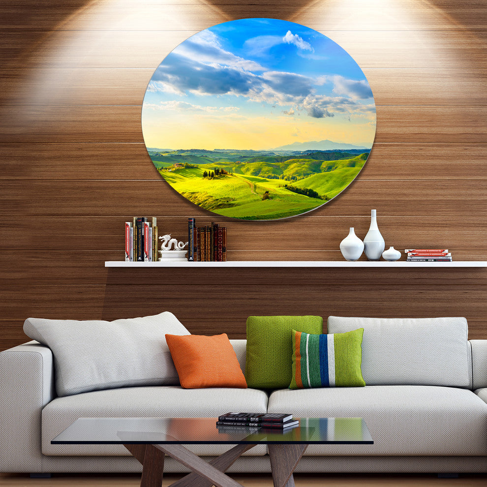 Colorful Tuscany Countryside Farm, Landscape Disc Metal Wall Art, 11"