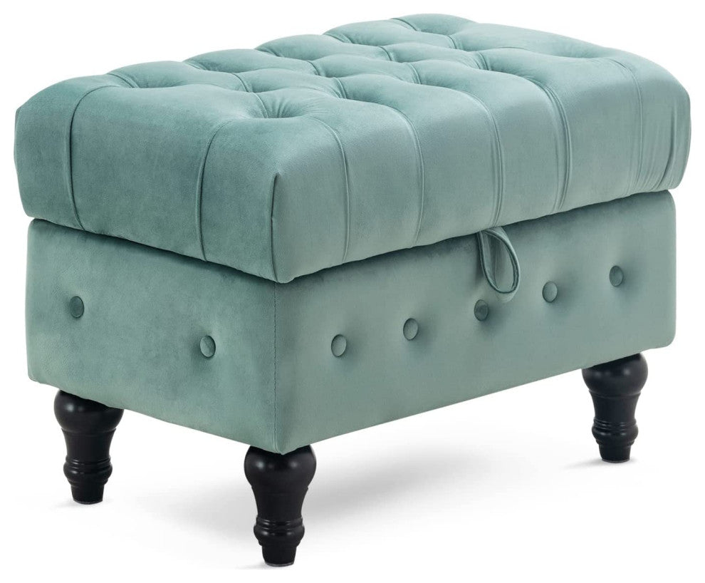 Button Tufted Upholstery Footstool for Bedroom and for Living Room, Light Blue