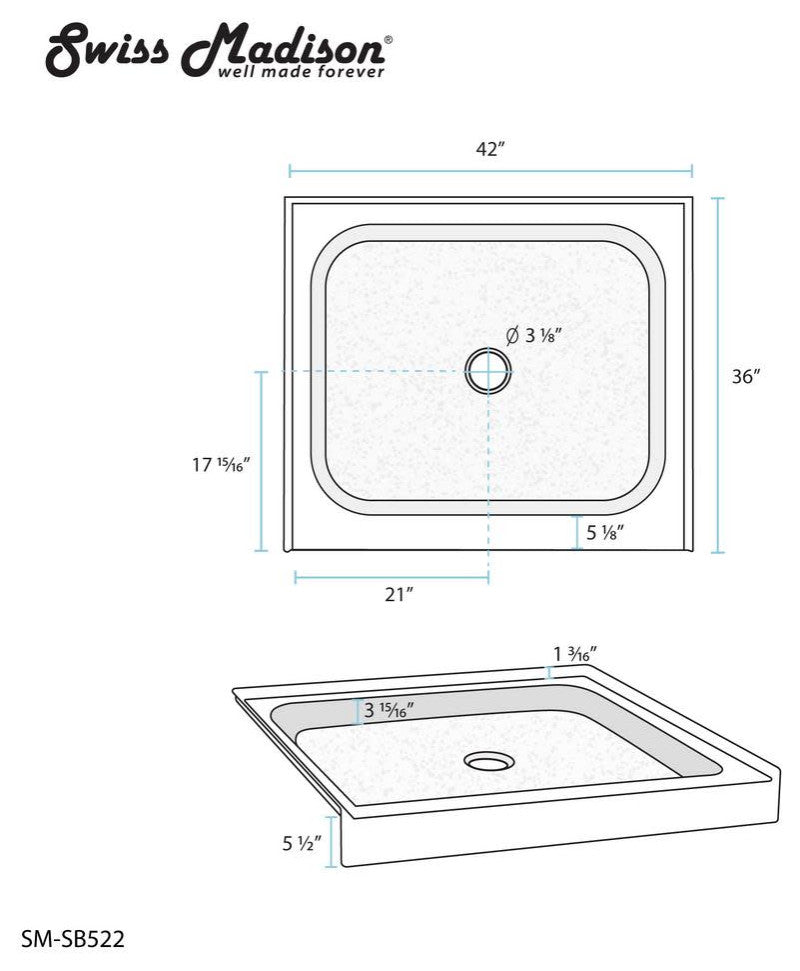 Swiss Madison SM-SB522 Voltaire 42" x 36" Rectangular Shower Base - Glossy