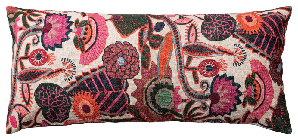 36" Cotton Slub Embroidered Lumbar Pillow, Florals, Chambray Back, Multicolor