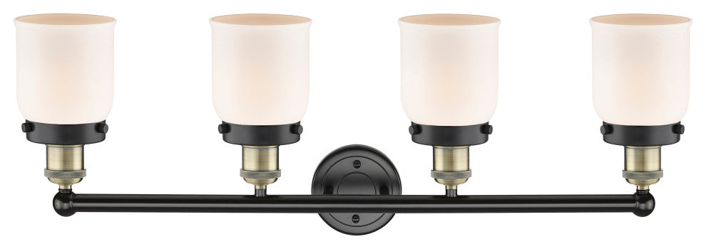 Small Bell, 4 Lt 34" Bath Vanity Lt, Black Antique Brass Finish, Matte White