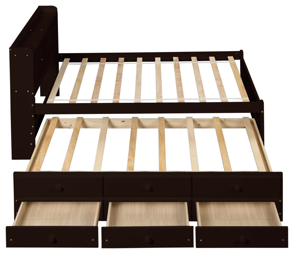 Full/Twin Wood Frame Platform Bed with Trundle and Drawers, Espresso, Twin
