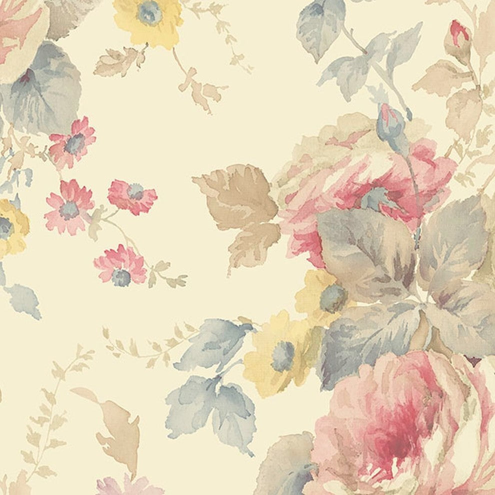 Rose Gardens 2, Romantic Floral Flower Beige Wallpaper Roll