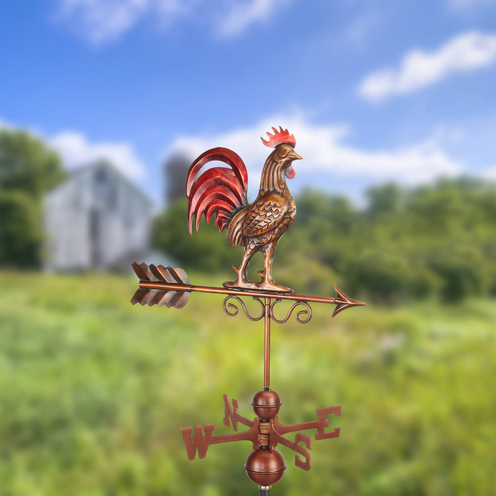 Bantam Red Rooster Weathervane, Pure Copper Hand Finished Multi-Color Patina