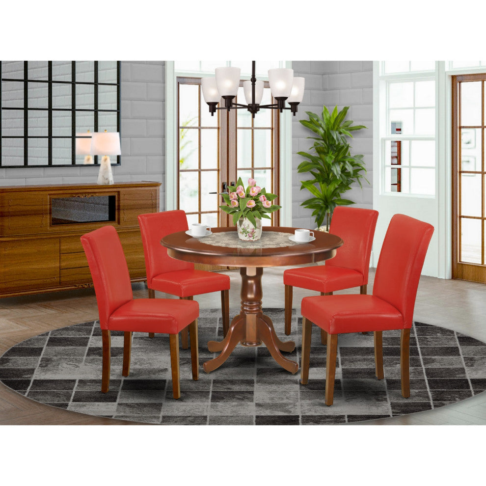 5-Piece Round 42" Table and 4-Parson Chair, Pu Leather Color Firebrick Red