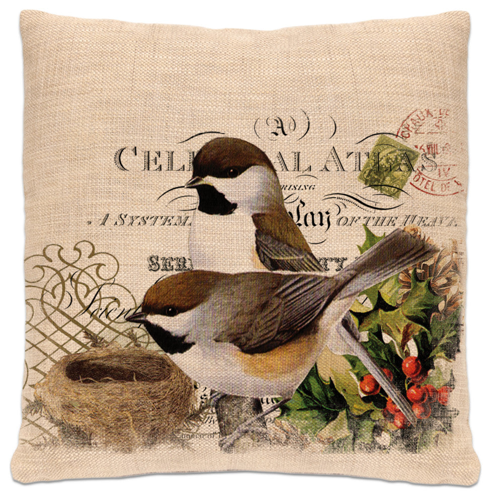 Winter Garden 18"x18" Chickadees Pillow, Natural