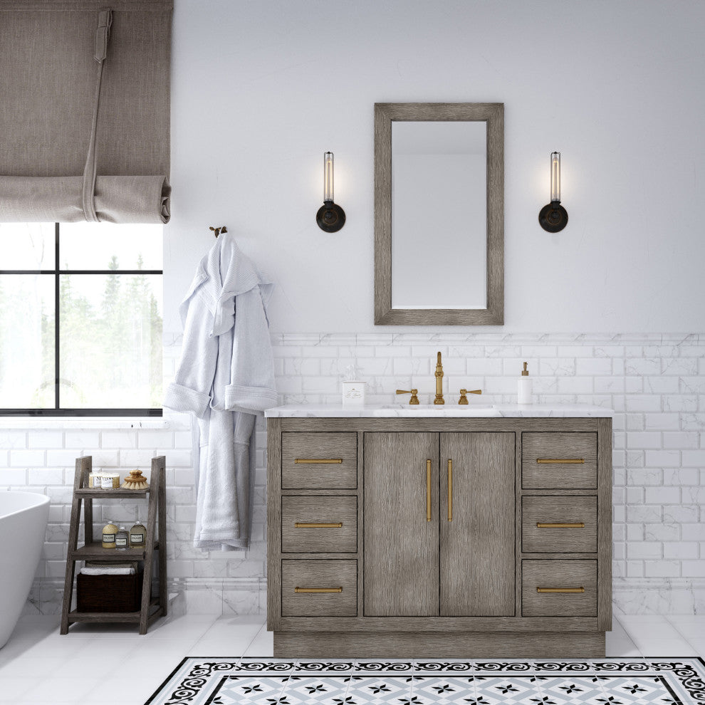 Hugo 48 Single Sink White Marble Vanity, Gray Oak With Hook Faucet and Mirror