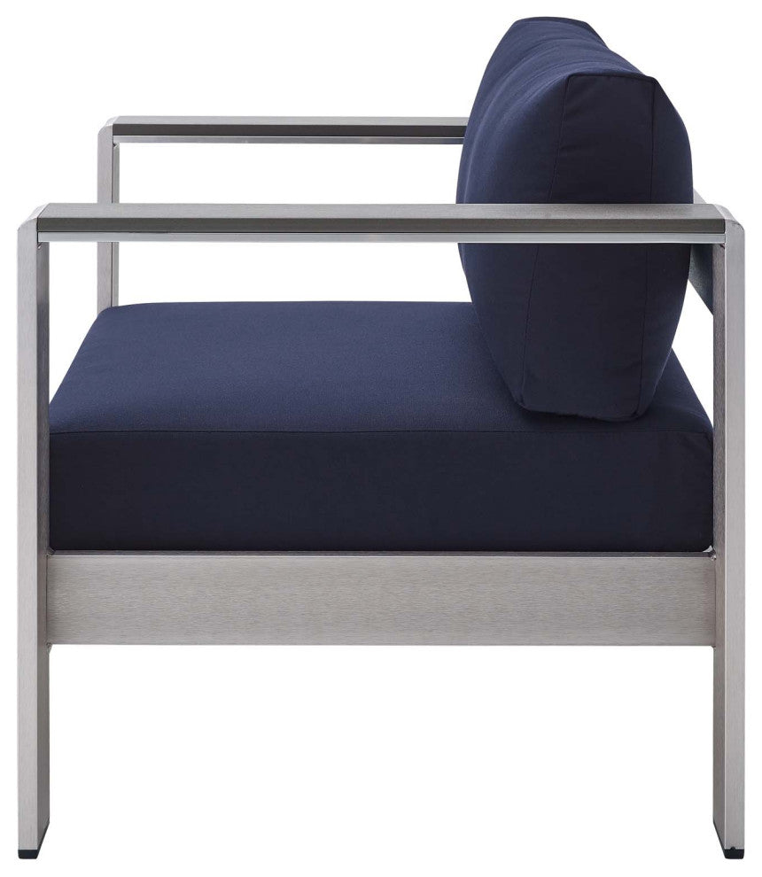 Sectional Sofa Chair Table Set, Sunbrella, Aluminum, Silver Blue Navy, Outdoor