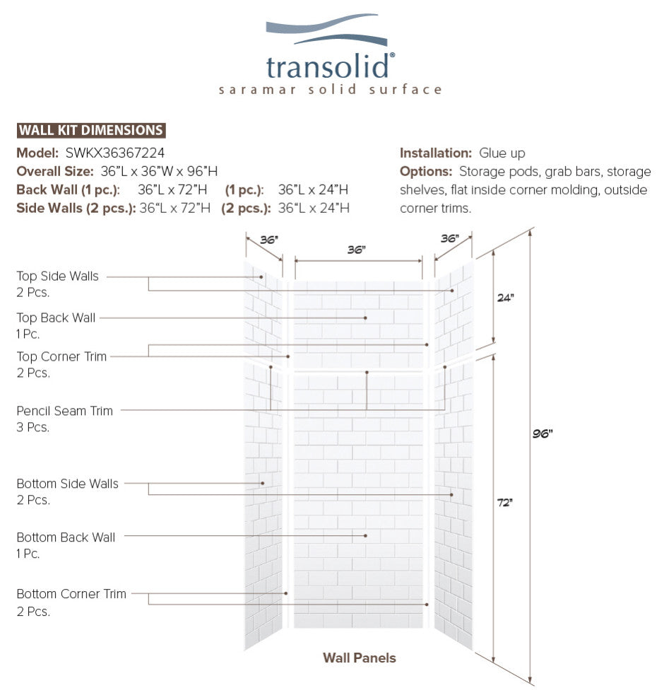 Transolid SaraMar 36"x36"x96" 6-Piece Shower Wall Kit with Extension, White