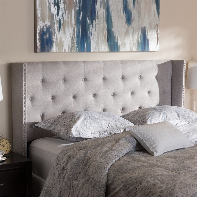Ally Grayish Beige Fabric Button-Tufted Nail head King Size Winged Headboard