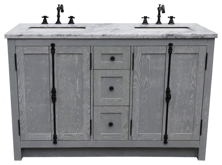 55" Double Vanity, Gray Ash Finish With White Carrara Marble Top