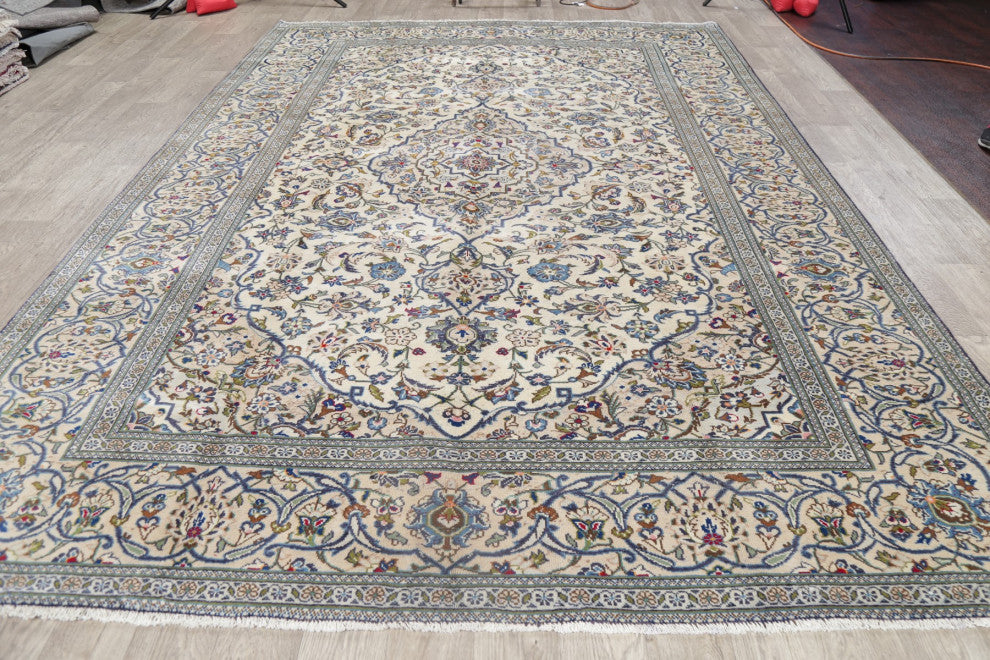 Consigned, Worn Oriental Vintage Traditional Persian Area Rug, Beige, 11'5"x8'1