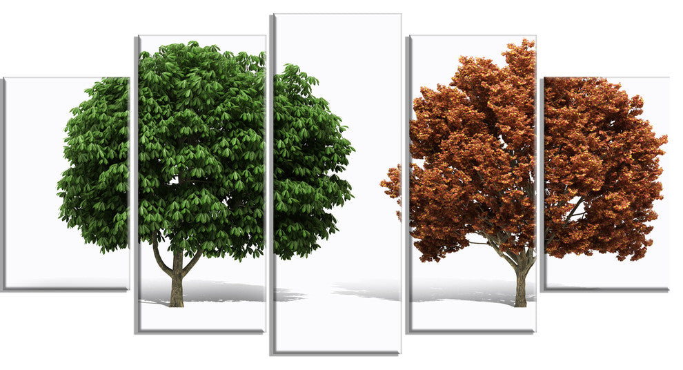 Green and Red 3D Fractal Trees, Contemporary Wall Art Canvas, 60"x32", 5 Panels