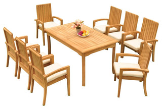 9-Piece Outdoor Teak Dining Set: 60" Rectangle Table,8 Goa Stacking Arm Chairs