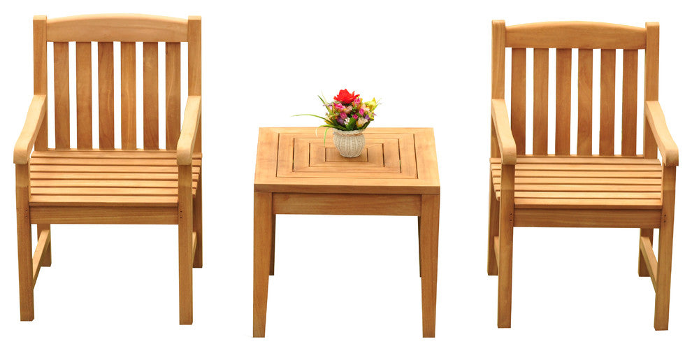 3-Piece Outdoor Teak Dining Set, 23.5" Square Table, 2 Devon Arm Chairs