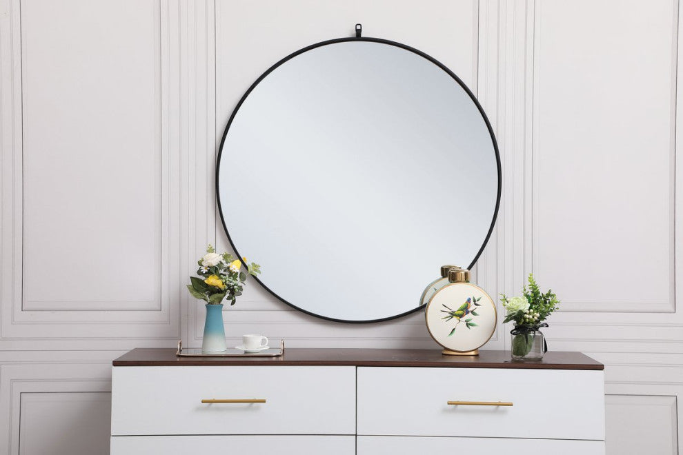 Home Living Metal Frame Round Mirror With Decorative Hook 39", Black