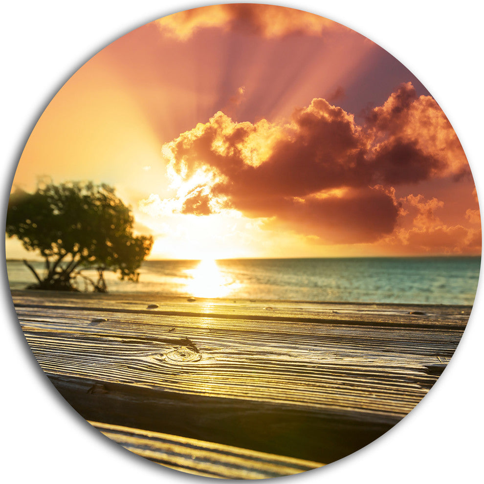 Boardwalk On Beach Under Cloudy Sky, Landscape Round Metal Artwork, 11"