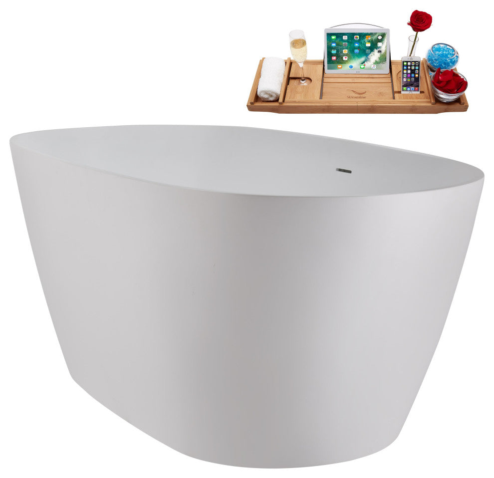 59" Streamline NS5820CH Matte White Stone Resin Bathtub, Tray With Chrome Drain