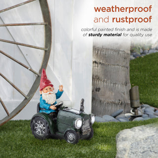 Solar Green Tractor Riding Gnome with Cool White LED Lights