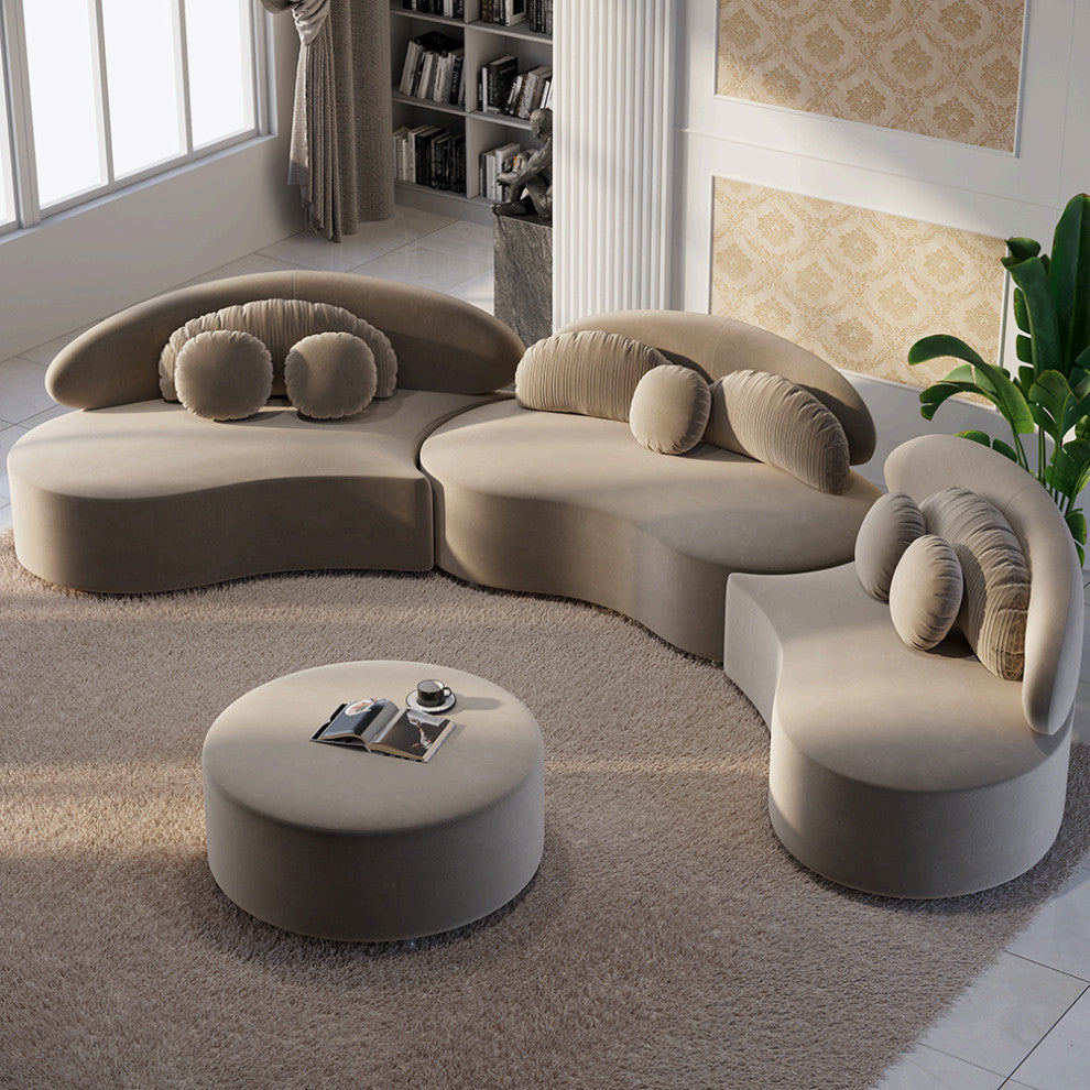 Khaki 4 Pieces Curved Sectional Modular Sofa Velvet Upholstered with Ottoman