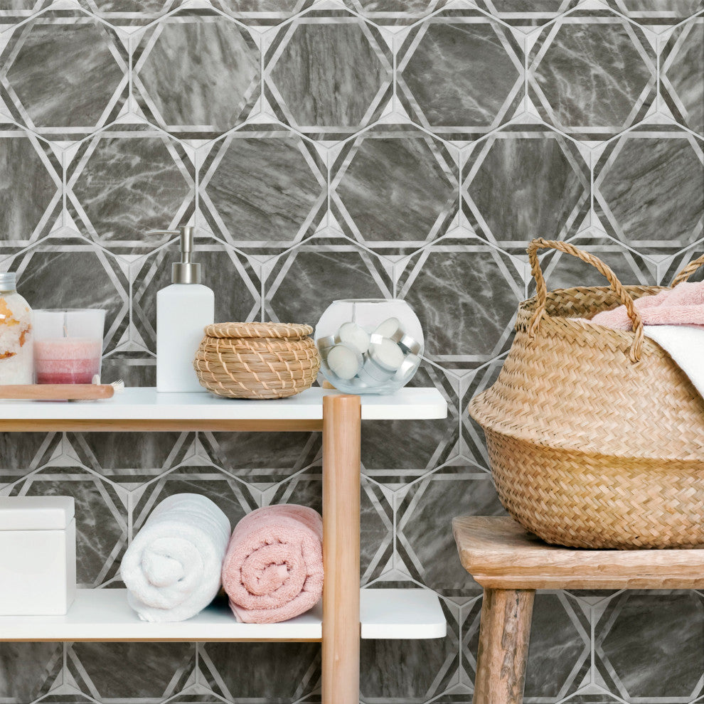 Classico Bardiglio Hex Dimension Porcelain Floor and Wall Tile Sample, Black