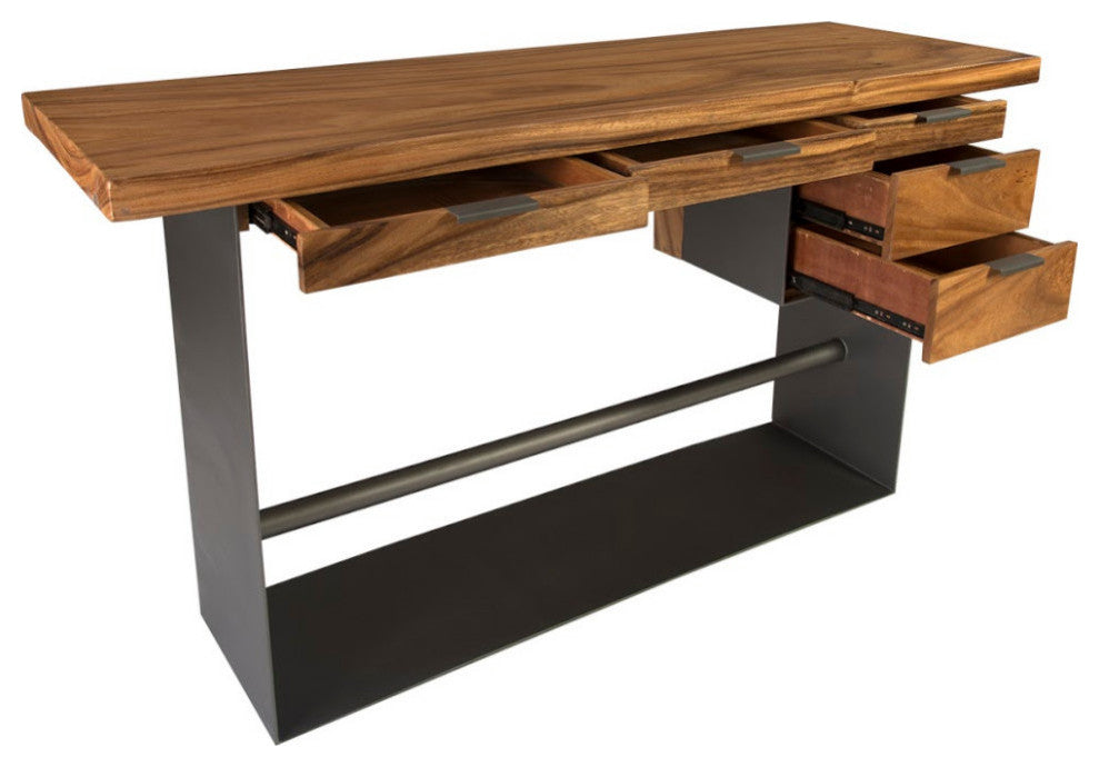 Iron Frame Standing Desk With Drawers, Chamcha Wood, Natural, Bar Height