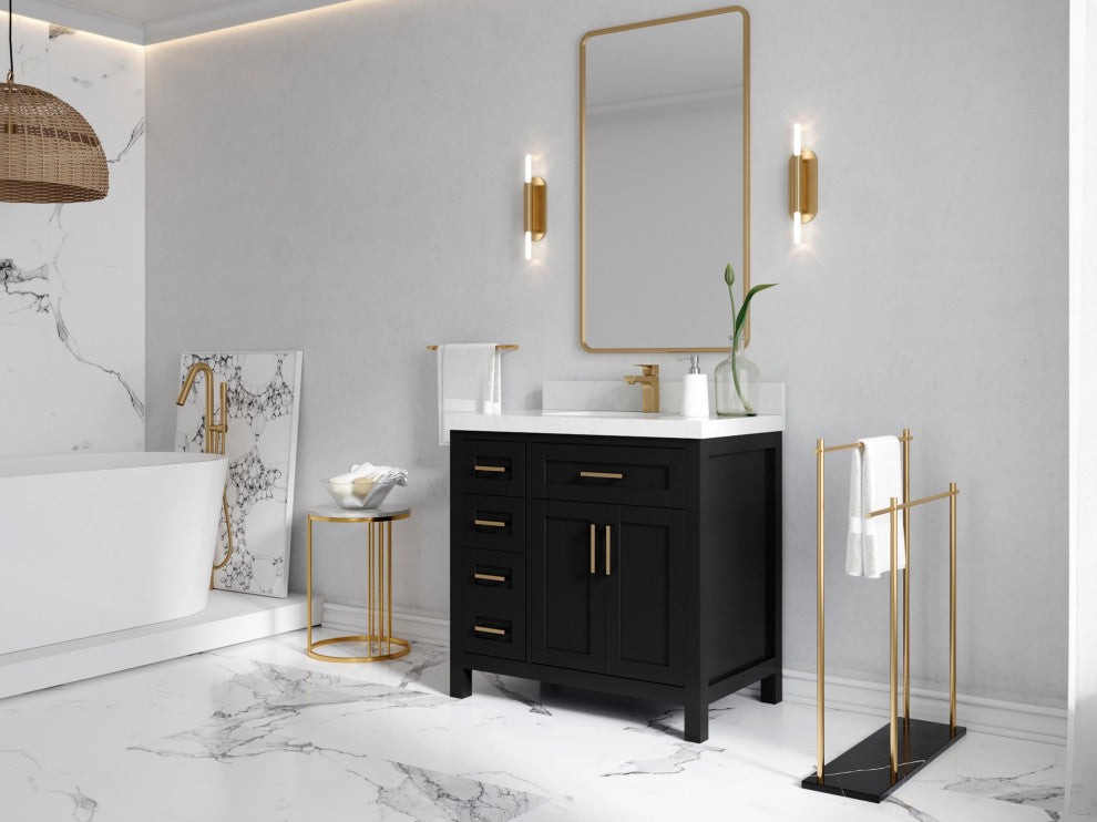 Cambridge 36 Center Sink Bath Vanity in Black 2" White Quartz