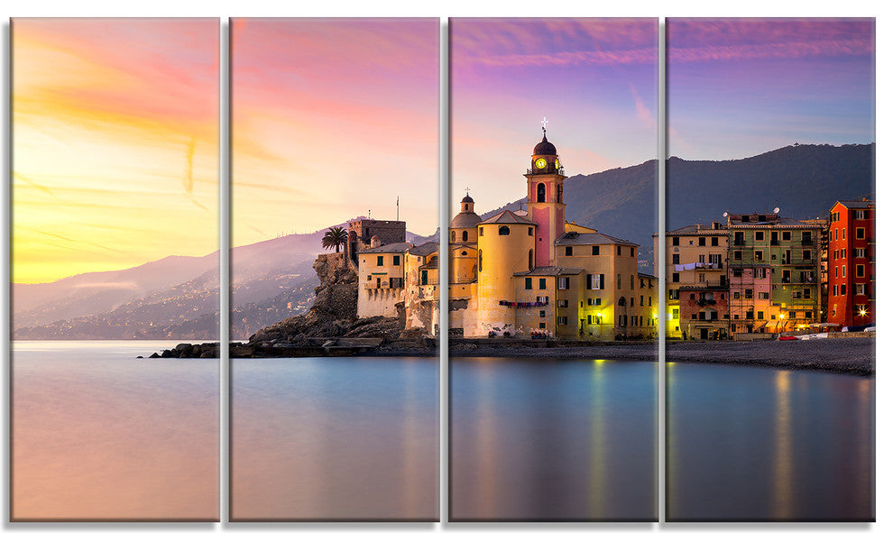 "Old Mediterranean Town at Sunrise" Large Wall Artwork, 4 Panels