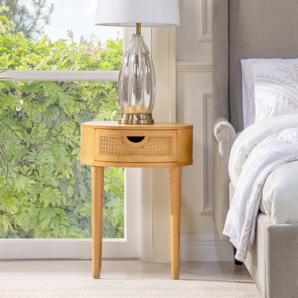 Cabana 18" Round Cane Rattan Storage Side Table, Natural Brown