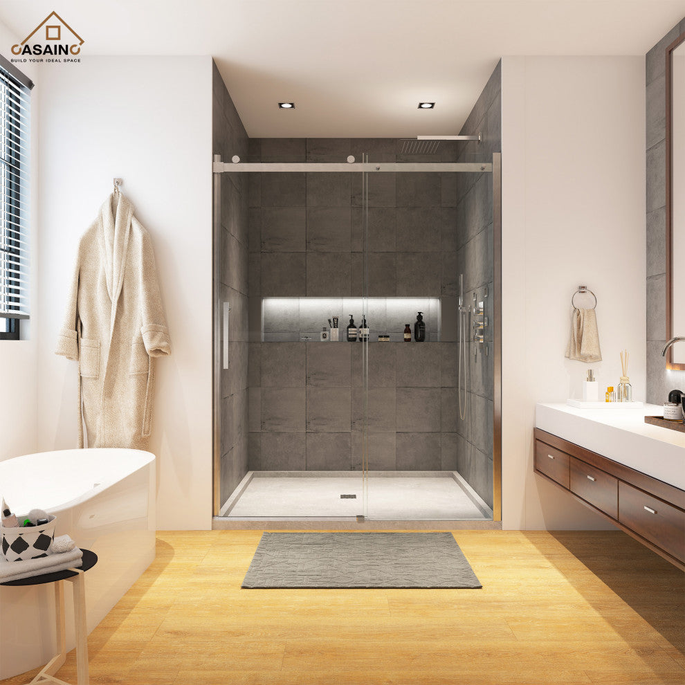 48-in x 76-in Frameless Sliding Shower Door, Brushed Nickel