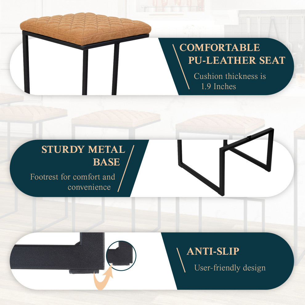 Quincy Square Barstool with Leather Seats and Metal Frame with Footrest, Light Brown