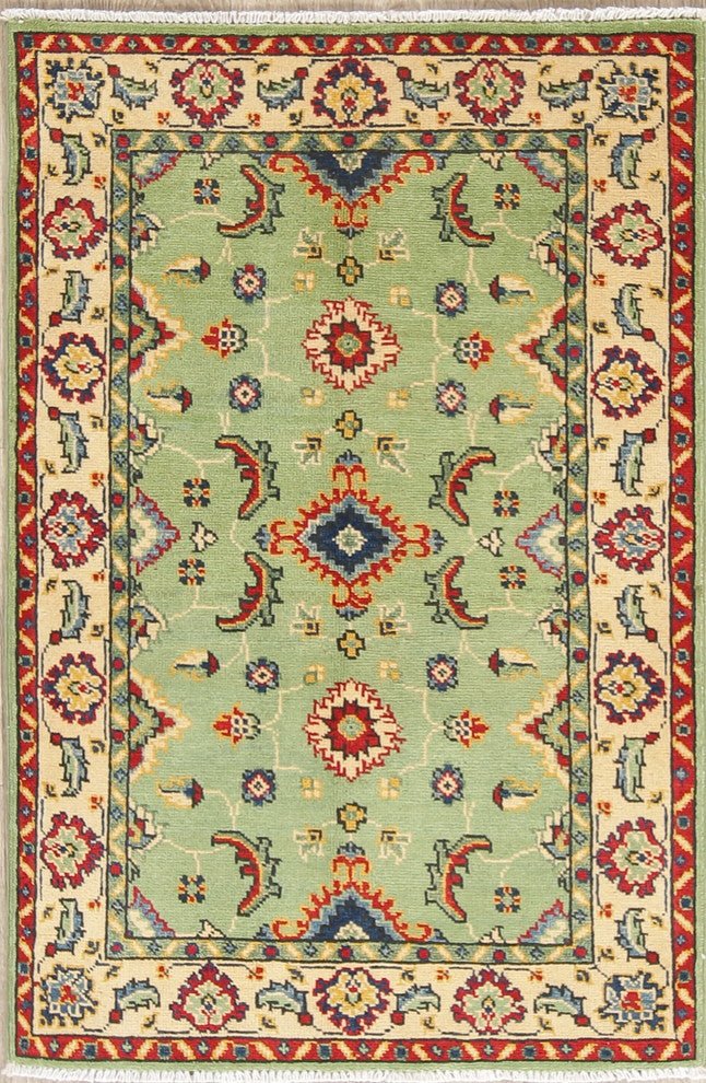Pakistani Kazak Traditional Oriental Hand-Knotted Area Rug, Green, 4'1"X2'8"