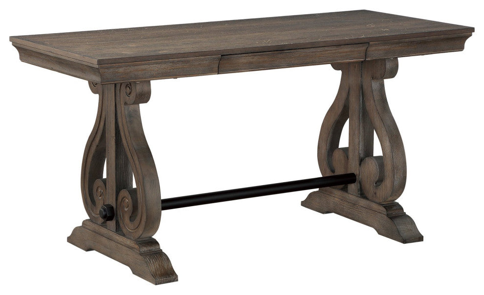 Desk, Scrolled Legs & Crown Molded Top With Hidden Drawer, Distressed Dark Oak