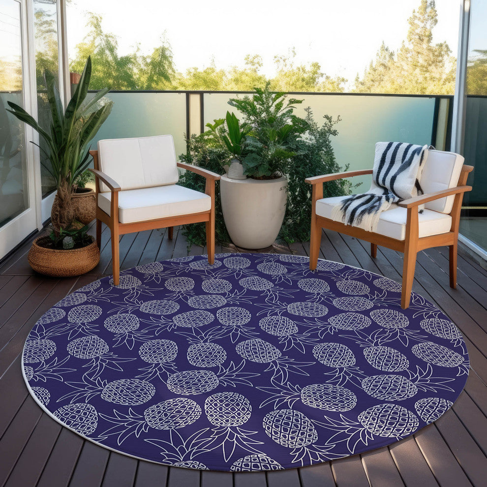 Indoor/Outdoor Kendall KE6 Navy Machine Washable 8' x 8' Round Rug
