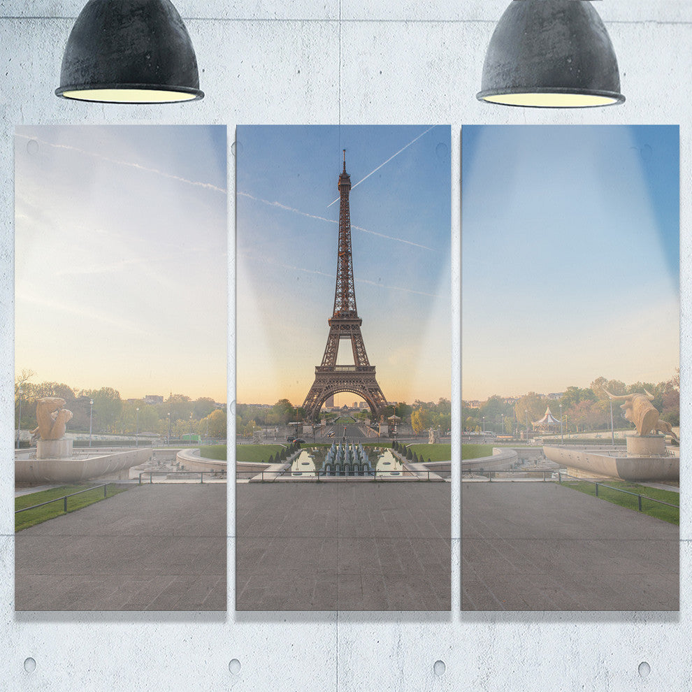 "Wide View of Paris Eiffel Tower at Sunrise" Metal Wall Art, 3 Panels, 36"x28"