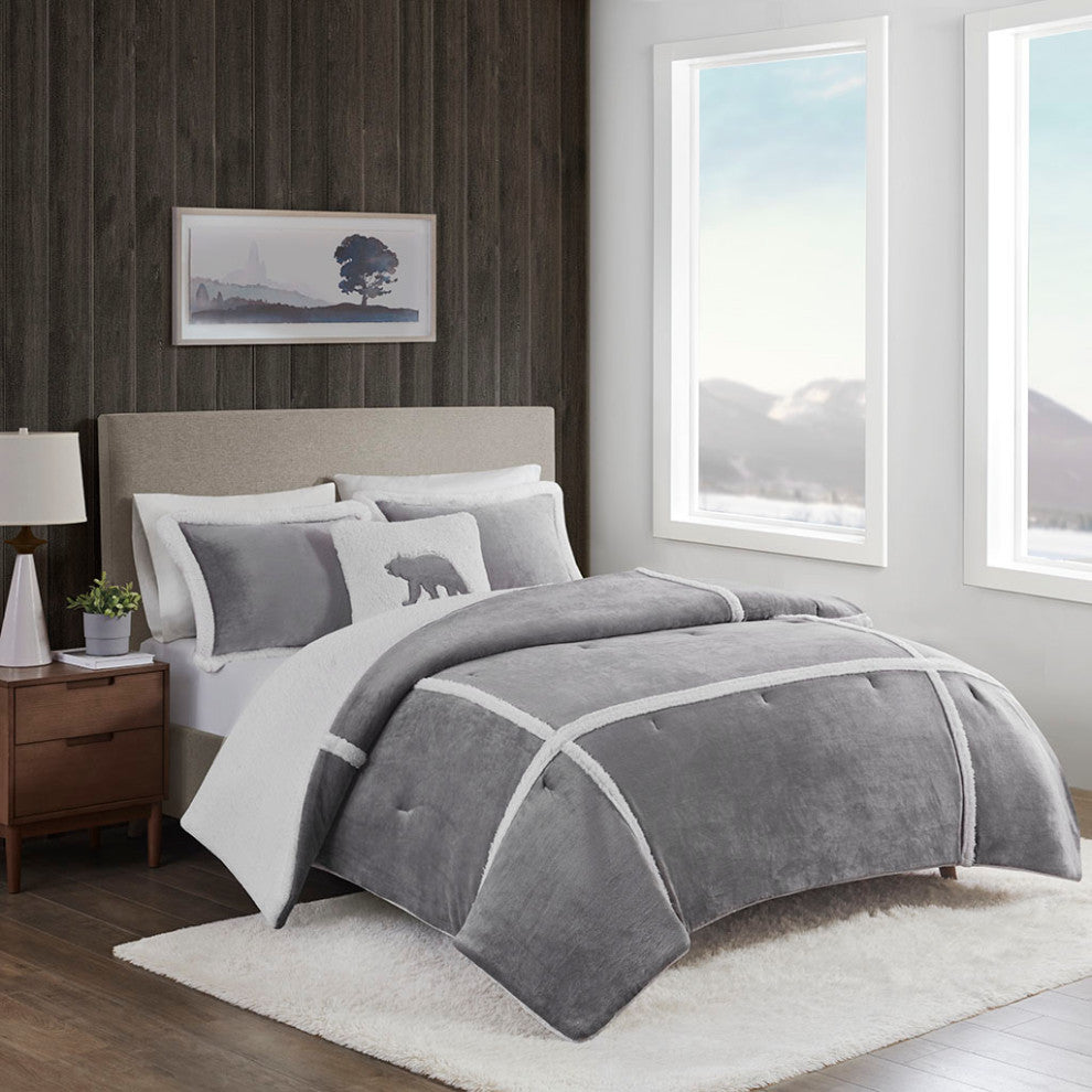 Woolrich Orlen Winter Cabin Plush to Sherpa Comforter Set, Gray