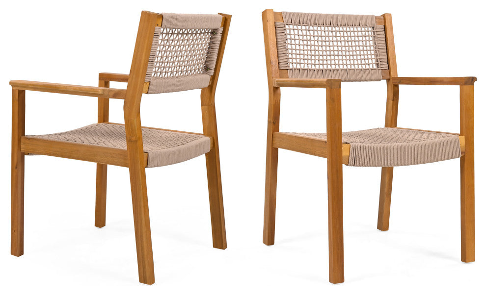GDF Studio Outdoor Dining Chair With Ropes, Set of 2, Teak Finish/Brown Rope