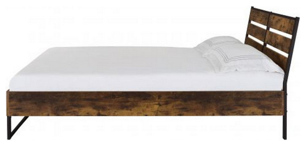 Benzara BM266519 Eastern King Bed, Panel Headboard & Metal Slats, Brown/Black