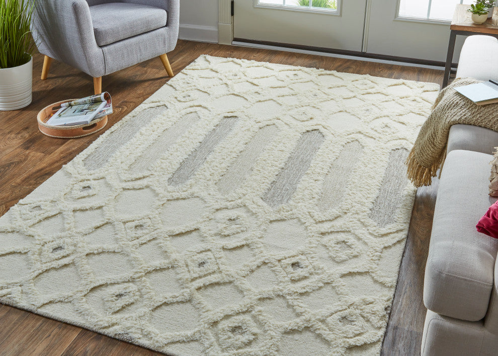 Weave & Wander Elika Wool Rug, Ivory/Taupe/Tan, Ivory, 2ft x 3ft Rug