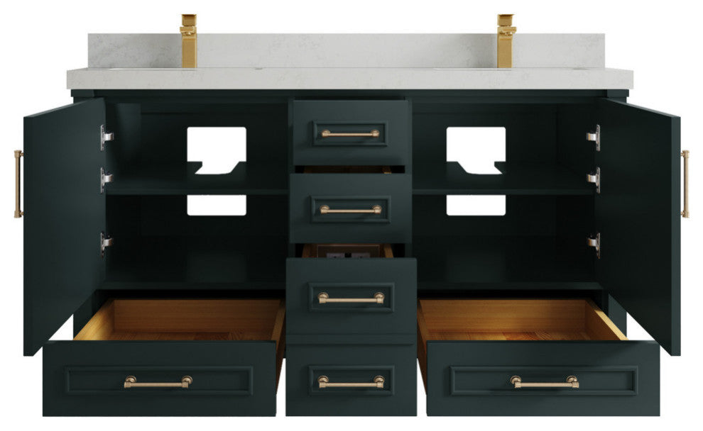 Aberdeen 60 Double Bathroom Vanity in Dark Forest Green 2" Carrara Quartz