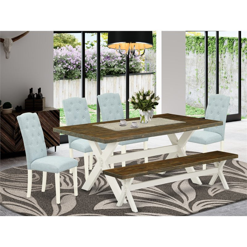 6-Piece and Set, 4 Chairs, Top and Wooden Cross Legs Table and Wood Bench