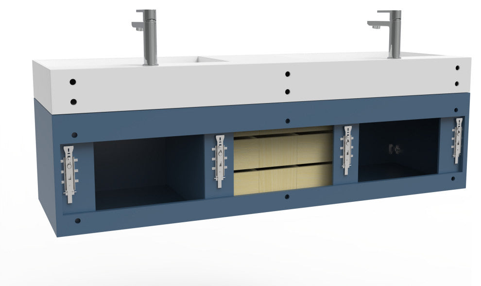 CastelloUSA Nile 60" Wall Mounted Vanity Set, Blue, White Top, Chrome Handles