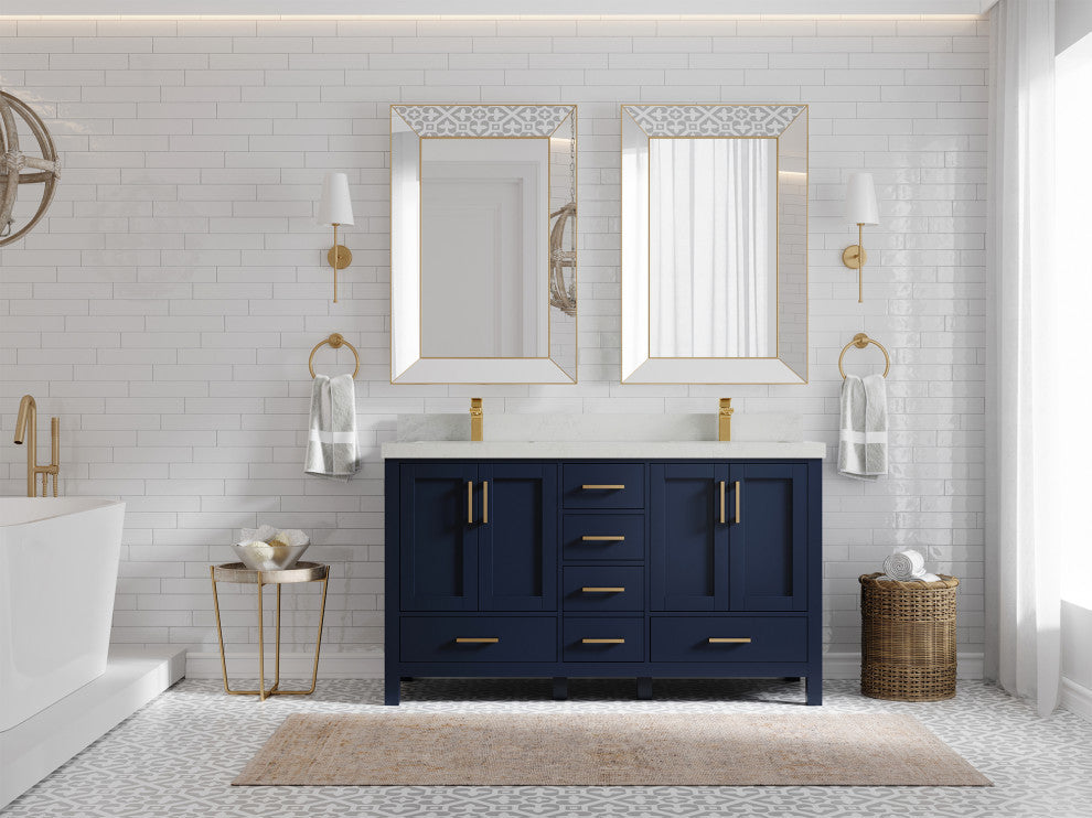 Malibu 60 Double Sink Bathroom Vanity in Navy Blue 2" Carrara Quartz