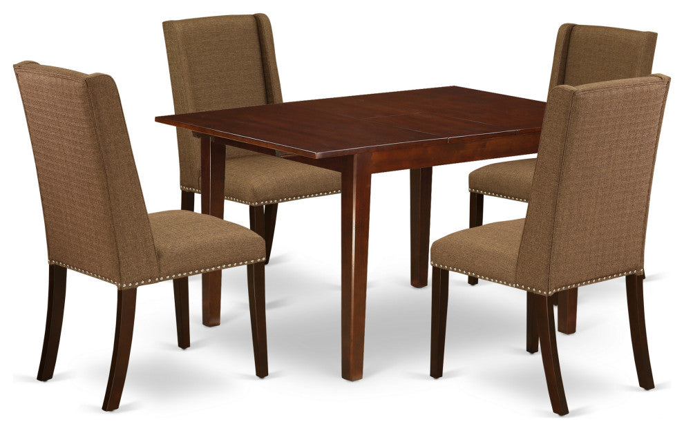 5Pc Dining Set - 4 Parson Chairs, Butterfly Leaf Table, Mahogany Finish