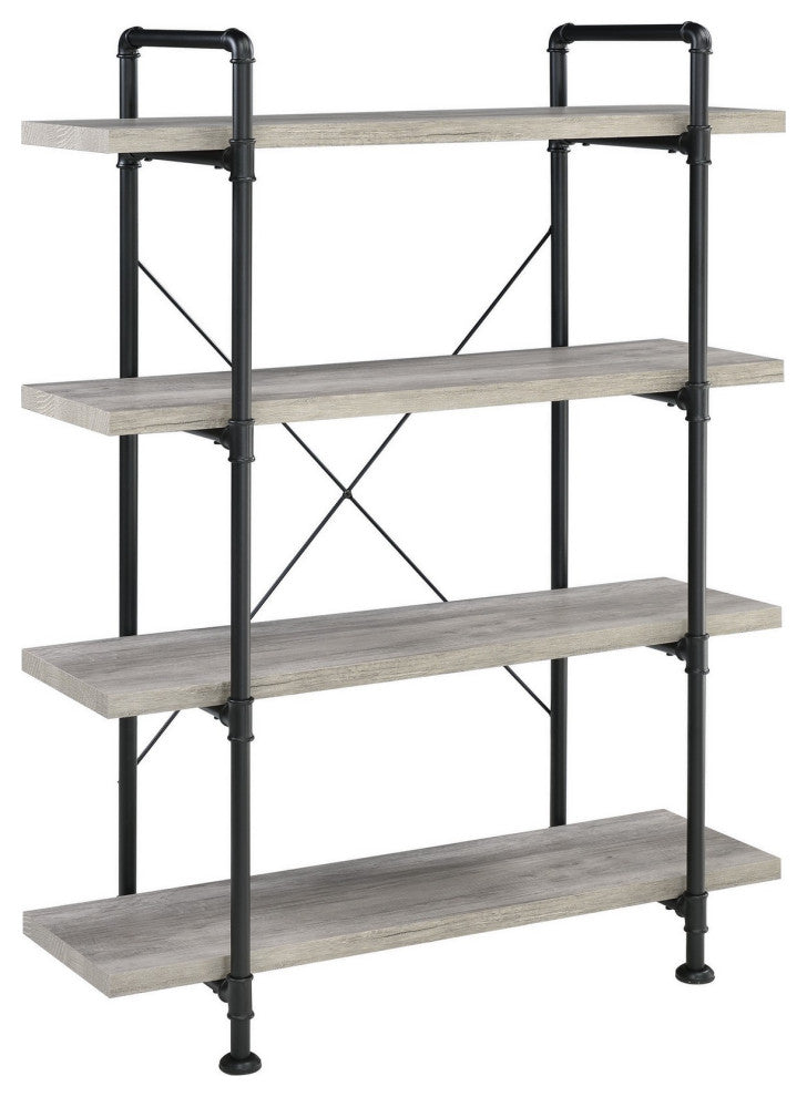 Benzara BM233213 56" 4 Tier Metal and Wooden Bookcase, Black and Gray