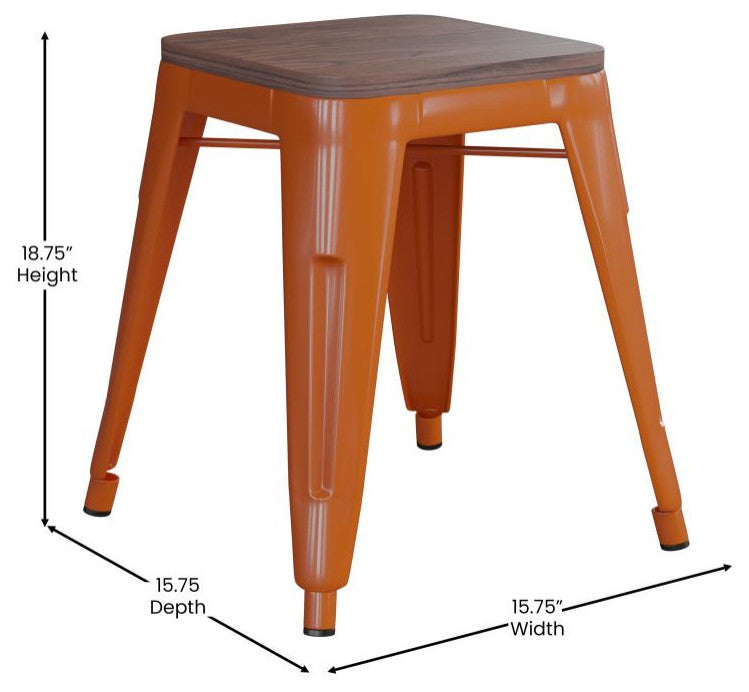 Kai Commercial Grade 18" Barstool with Wooden Seat, Stackable, Set of 4, Orange