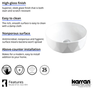 Karran VC-422-WH Valera 17" Vitreous China Vessel Bathroom Sink, White