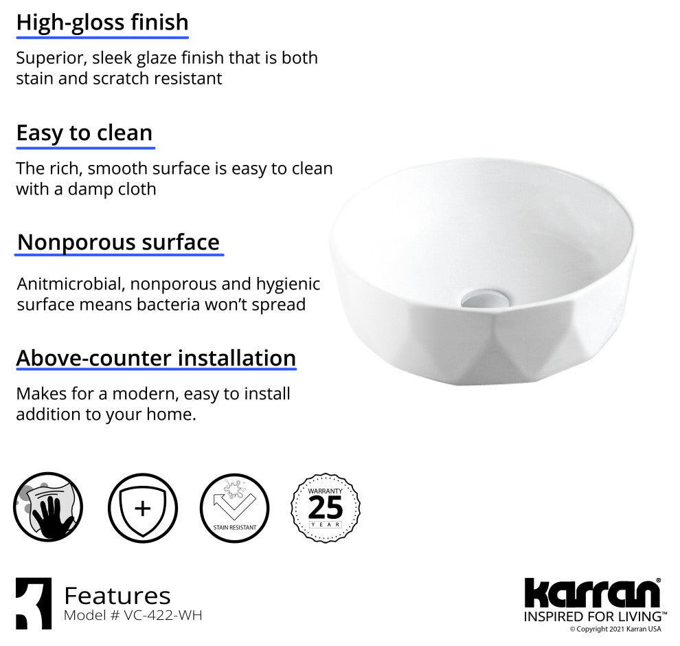 Karran VC-422-WH Valera 17" Vitreous China Vessel Bathroom Sink, White