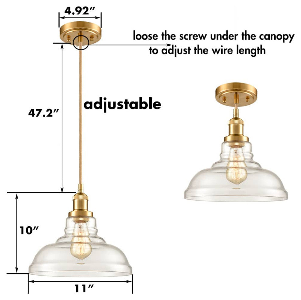 3 Pack Industrial Clear Glass Pendant Lights, Brass